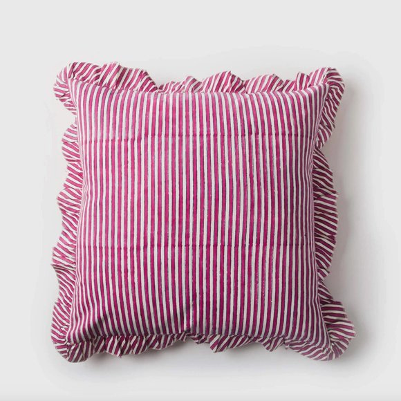 Candy striped Pink and White Block Print Ruffled Square Pillow Cover 18" x 18" - Picture 4 of 4